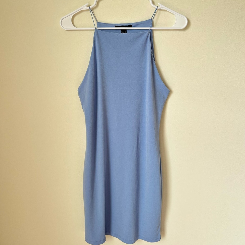 Dusty Blue Bodycon High Neck Dress with Spaghetti Straps | Forever 21 | Medium